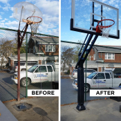 Photo showing an old basketball hoop that was replaced with a new premium basketball hoop by Precise Assemblies.